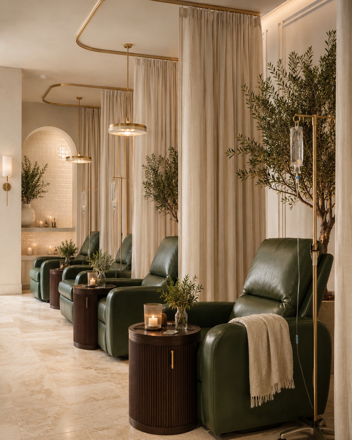 Haven Wells IV lounge with green leather recliners and privacy curtains