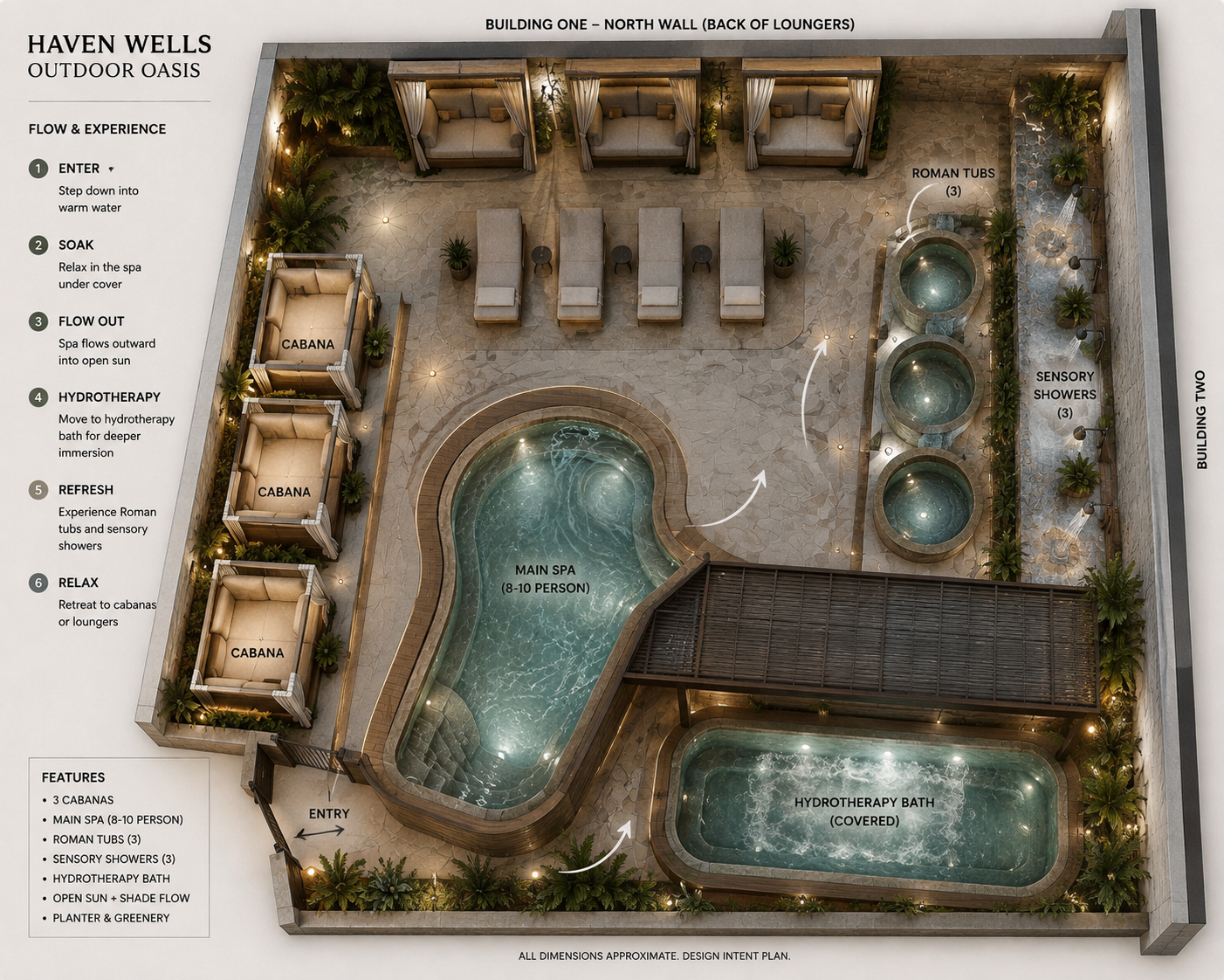 Conceptual plan of the Haven Wells outdoor oasis with spa, Roman baths, showers and relaxation areas