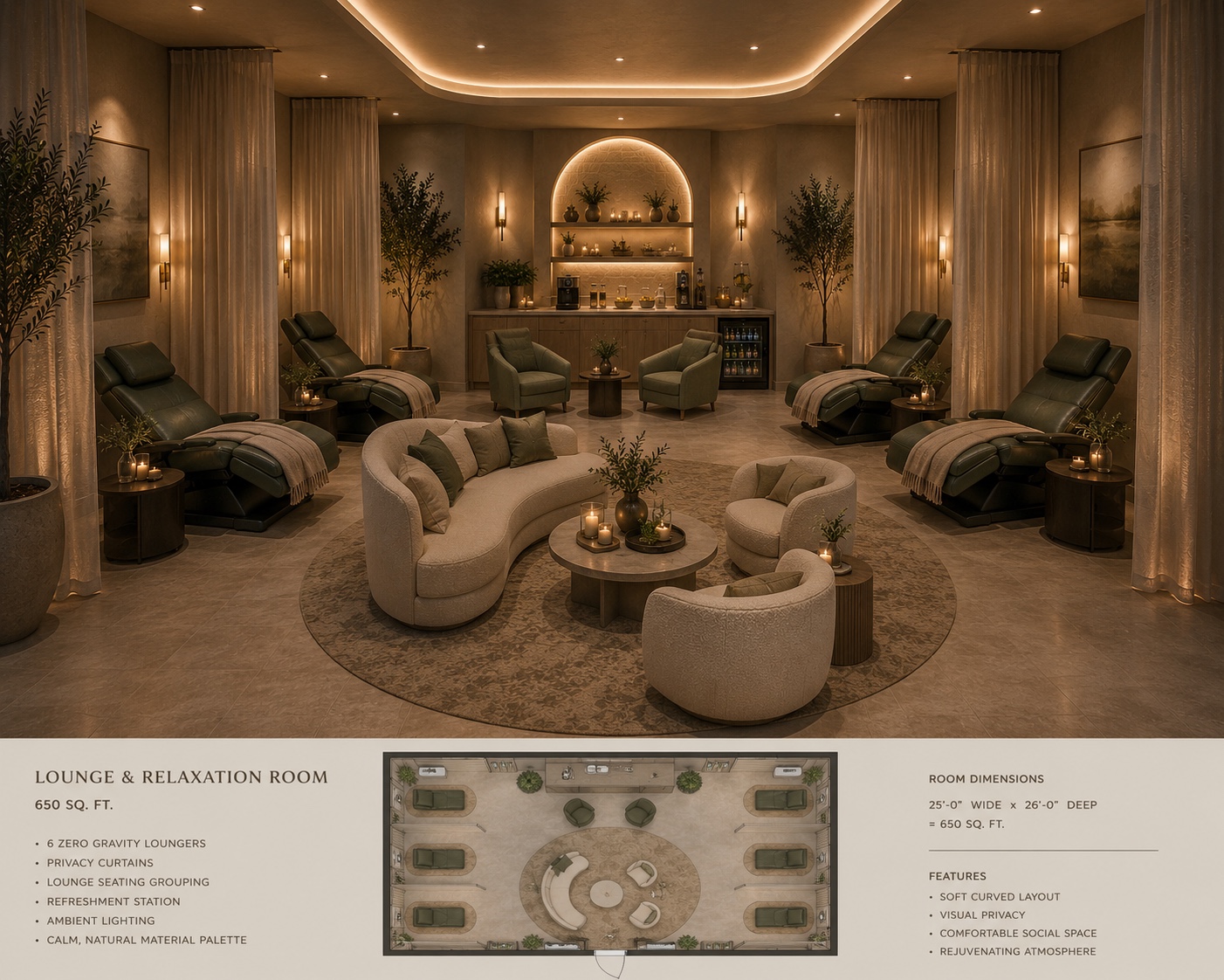 Haven Wells relaxation lounge with zero-gravity loungers, privacy curtains and curved seating