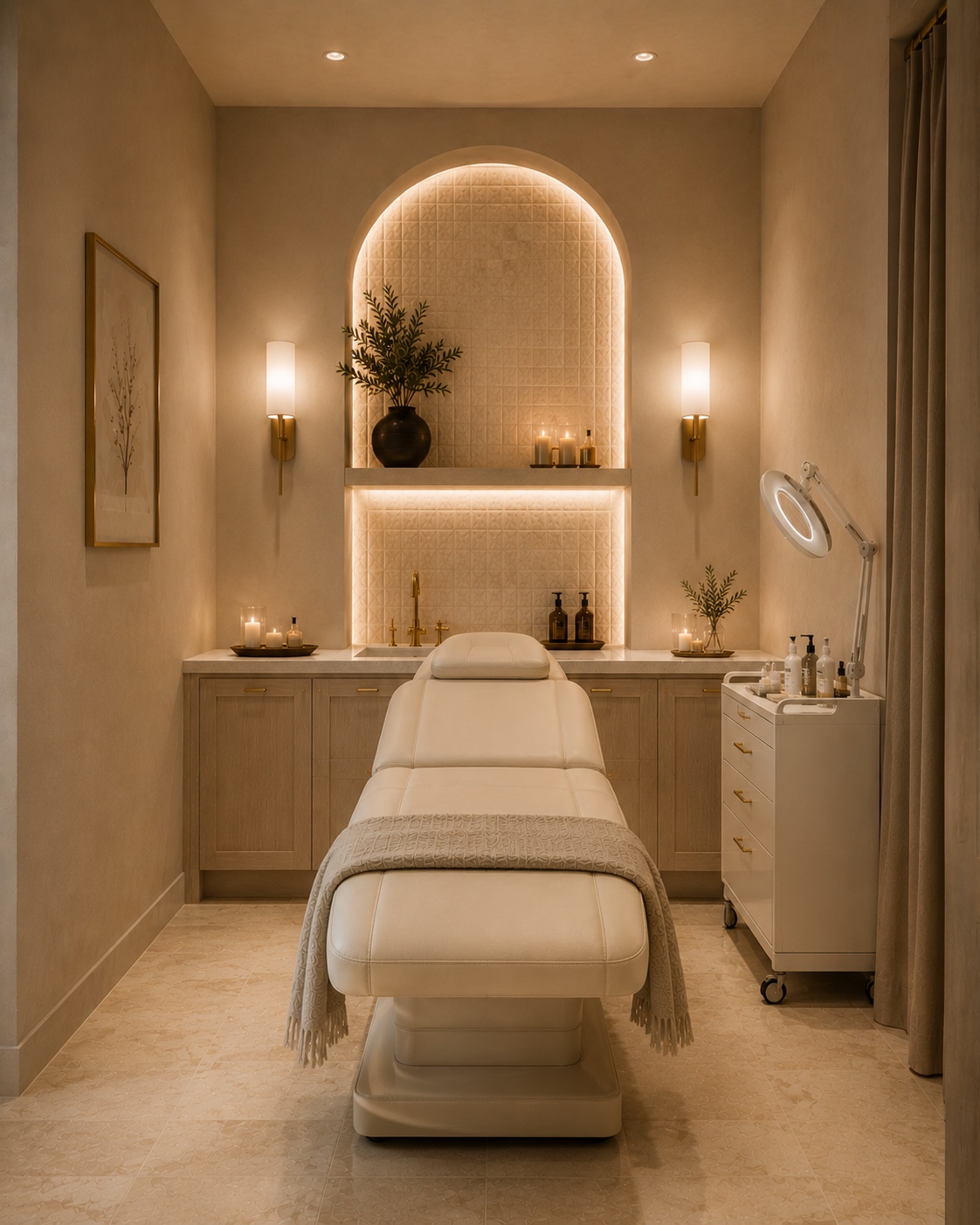 Haven Wells treatment suite with an illuminated arched niche and spa treatment bed